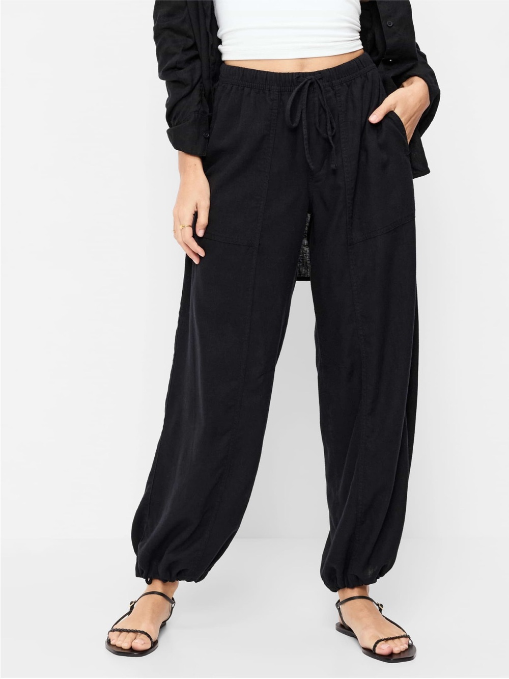 NWT Mid-Rise Linen-Blend Cinched-Ankle Pants